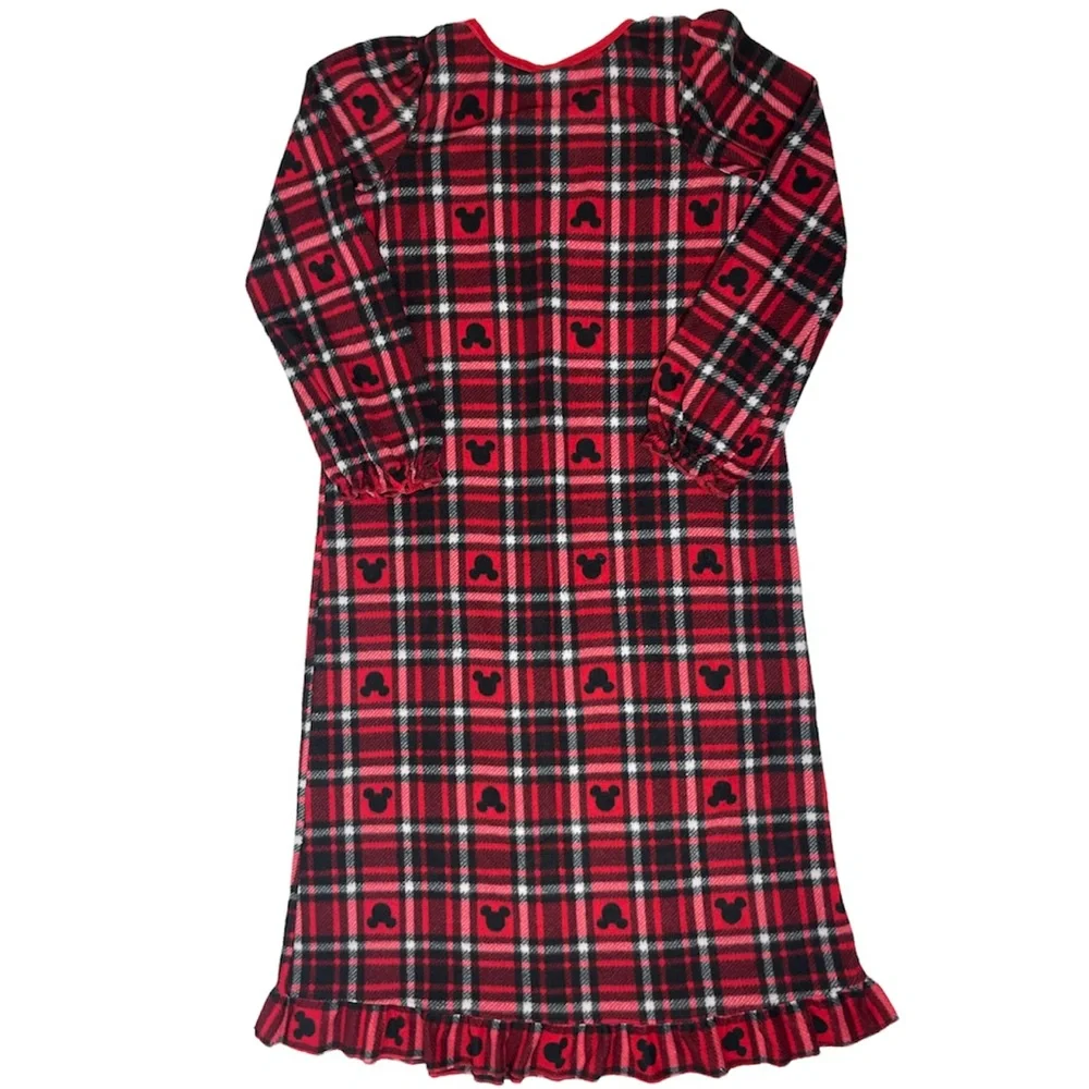 Disney Nightgown Lace Trim Bow Nightshirt Mickey Mouse Buffalo Plaid Tartan Red